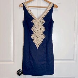Lilly Pulitzer Junie Navy Blue Gold Sleeveless V-neck Shift Dress 2